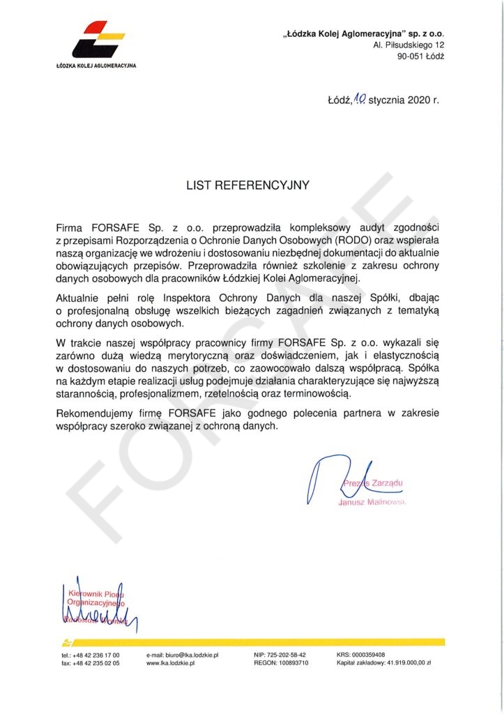 <p>Przeprowadzenie kompleksowego audytu zgodności z Rozporządzeniem oraz współpraca w zakresie obsługi przez Inspektora Ochrony Danych osobowych.</p>
